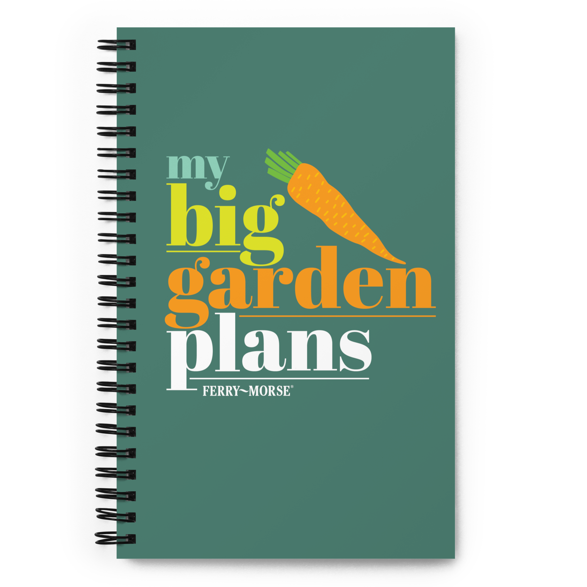 A green spiral-bound notebook with the title 'my big garden plans' printed on the cover, alongside an illustration of a carrot.